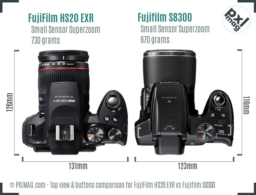 FujiFilm HS20 EXR vs Fujifilm S8300 top view buttons comparison