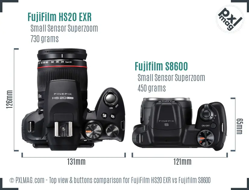 FujiFilm HS20 EXR vs Fujifilm S8600 top view buttons comparison