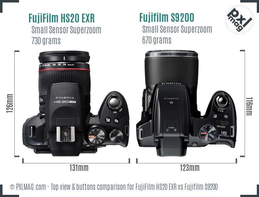 FujiFilm HS20 EXR vs Fujifilm S9200 top view buttons comparison