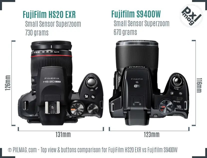 FujiFilm HS20 EXR vs Fujifilm S9400W top view buttons comparison FujiFilm HS20 EXR vs Fujifilm S9400W top view buttons comparison