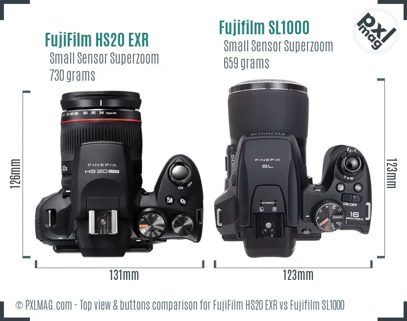 FujiFilm HS20 EXR vs Fujifilm SL1000 top view buttons comparison FujiFilm HS20 EXR vs Fujifilm SL1000 top view buttons comparison