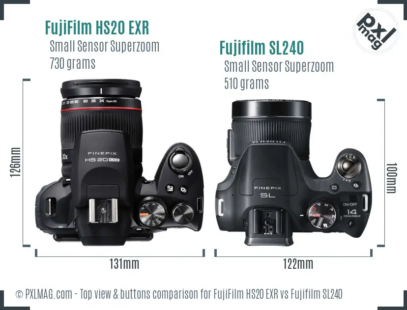 FujiFilm HS20 EXR vs Fujifilm SL240 top view buttons comparison FujiFilm HS20 EXR vs Fujifilm SL240 top view buttons comparison