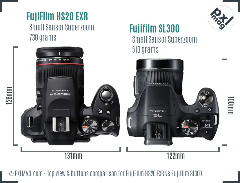 FujiFilm HS20 EXR vs Fujifilm SL300 top view buttons comparison