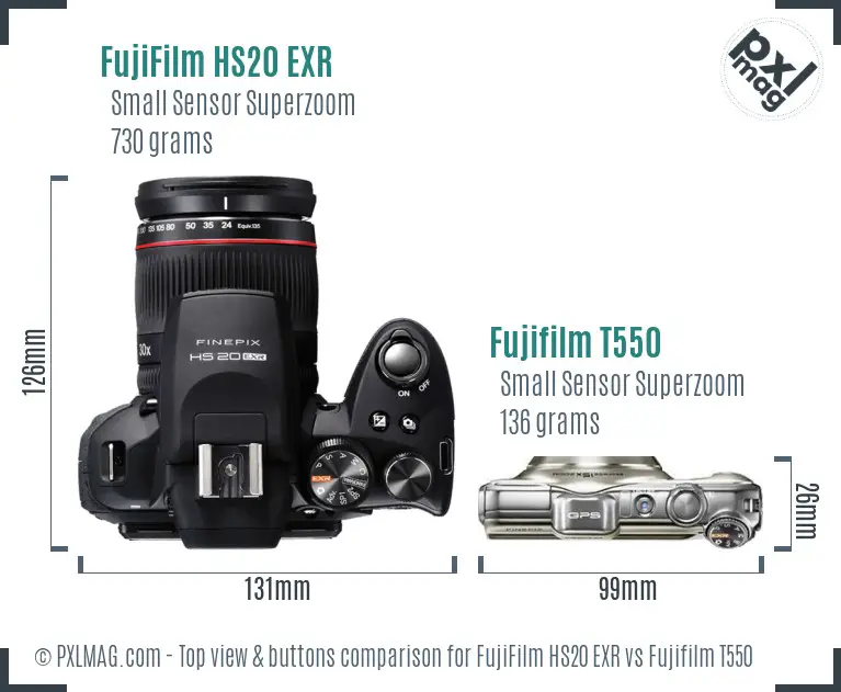 FujiFilm HS20 EXR vs Fujifilm T550 top view buttons comparison FujiFilm HS20 EXR vs Fujifilm T550 top view buttons comparison