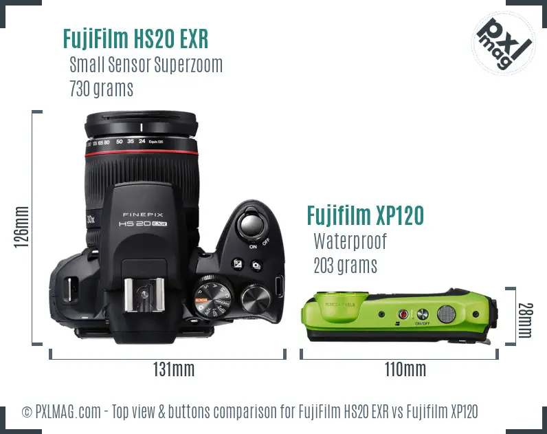 FujiFilm HS20 EXR vs Fujifilm XP120 top view buttons comparison FujiFilm HS20 EXR vs Fujifilm XP120 top view buttons comparison