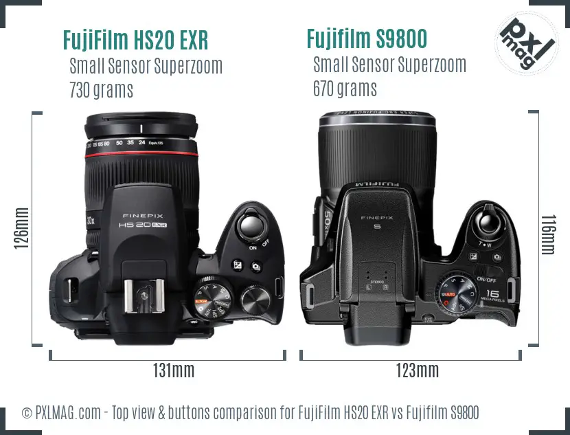 FujiFilm HS20 EXR vs Fujifilm S9800 top view buttons comparison FujiFilm HS20 EXR vs Fujifilm S9800 top view buttons comparison