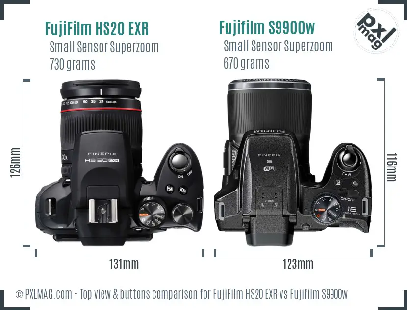 FujiFilm HS20 EXR vs Fujifilm S9900w top view buttons comparison