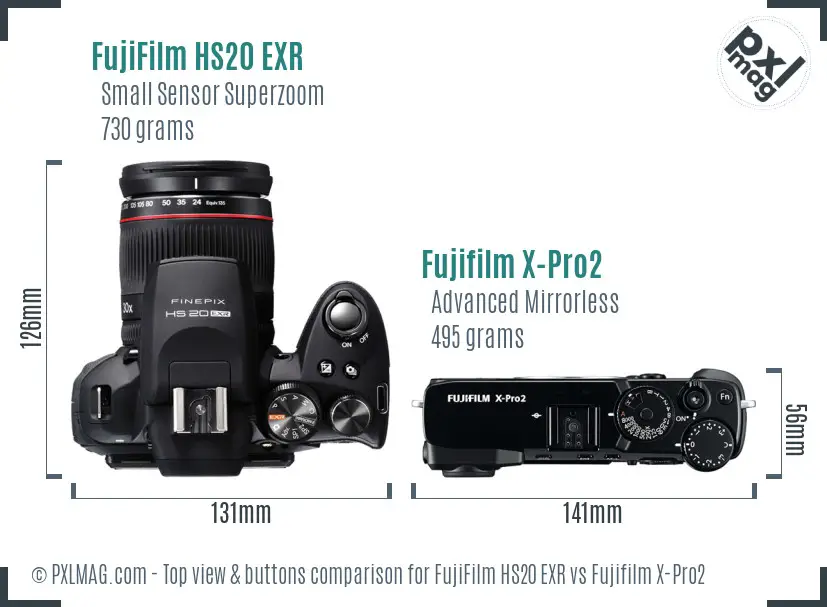 FujiFilm HS20 EXR vs Fujifilm X-Pro2 top view buttons comparison FujiFilm HS20 EXR vs Fujifilm X-Pro2 top view buttons comparison