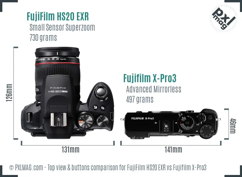 FujiFilm HS20 EXR vs Fujifilm X-Pro3 top view buttons comparison FujiFilm HS20 EXR vs Fujifilm X-Pro3 top view buttons comparison