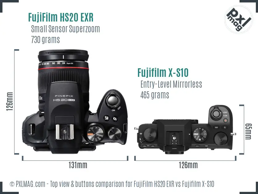 FujiFilm HS20 EXR vs Fujifilm X-S10 top view buttons comparison