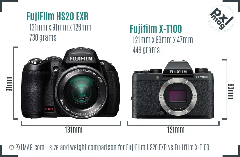 FujiFilm HS20 EXR vs Fujifilm X-T100 size comparison