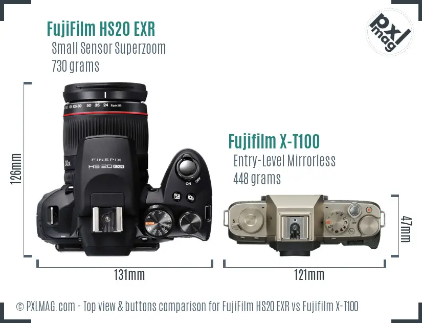 FujiFilm HS20 EXR vs Fujifilm X-T100 top view buttons comparison