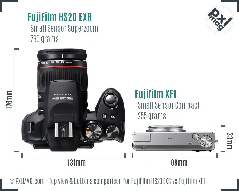 FujiFilm HS20 EXR vs Fujifilm XF1 top view buttons comparison FujiFilm HS20 EXR vs Fujifilm XF1 top view buttons comparison