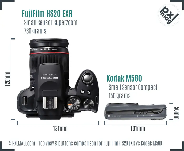 FujiFilm HS20 EXR vs Kodak M580 top view buttons comparison