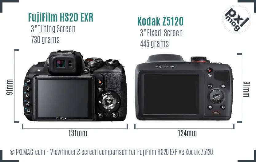 FujiFilm HS20 EXR vs Kodak Z5120 Screen and Viewfinder comparison