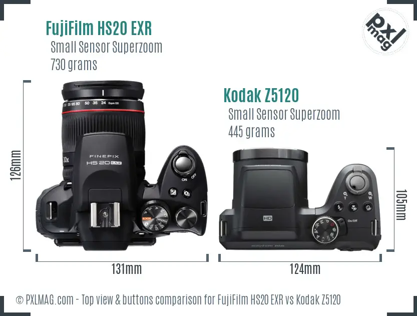 FujiFilm HS20 EXR vs Kodak Z5120 top view buttons comparison