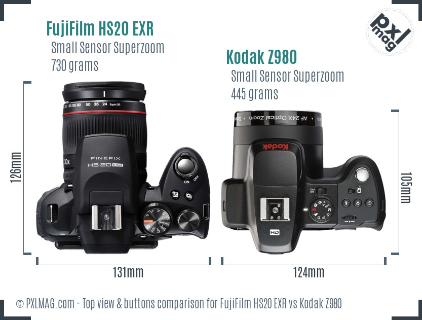 FujiFilm HS20 EXR vs Kodak Z980 top view buttons comparison