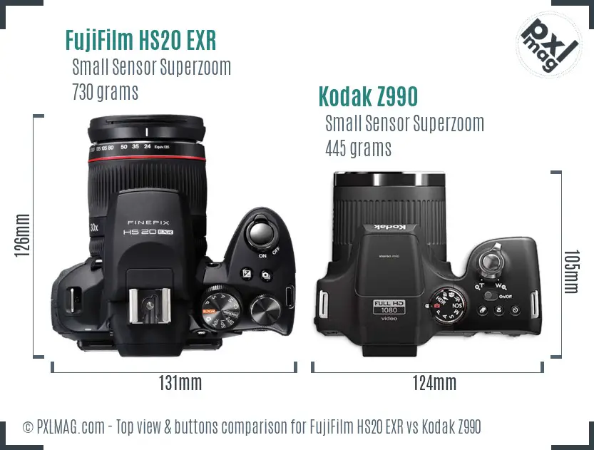 FujiFilm HS20 EXR vs Kodak Z990 top view buttons comparison