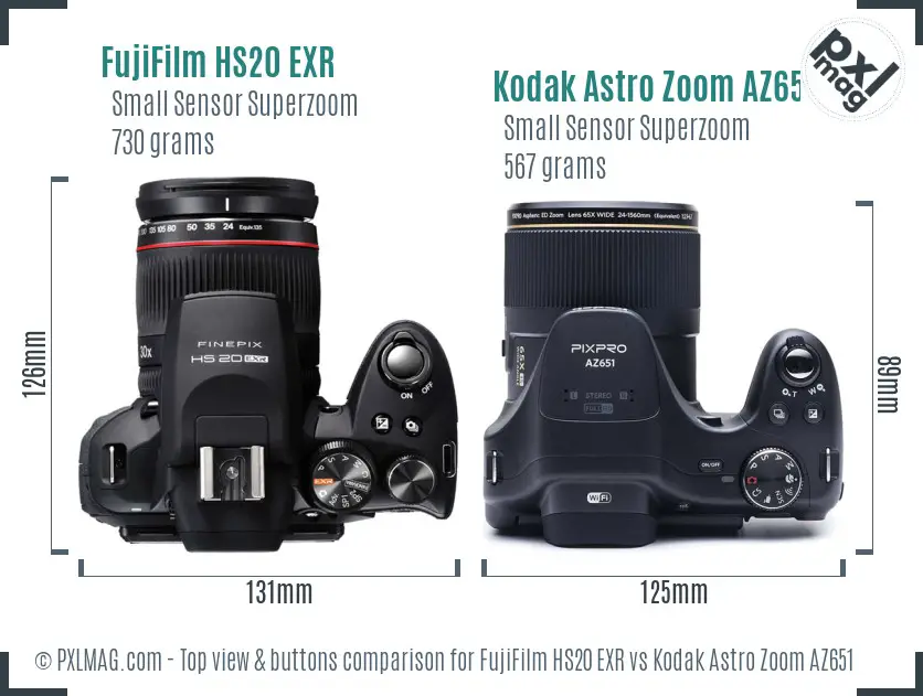 FujiFilm HS20 EXR vs Kodak Astro Zoom AZ651 top view buttons comparison