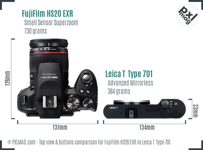 FujiFilm HS20 EXR vs Leica T  Type 701 top view buttons comparison