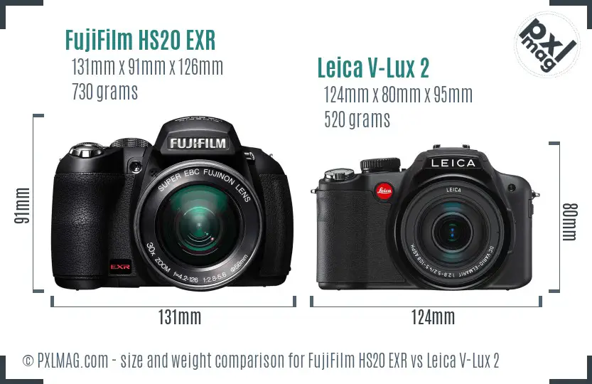 FujiFilm HS20 EXR vs Leica V-Lux 2 size comparison FujiFilm HS20 EXR vs Leica V-Lux 2 size comparison