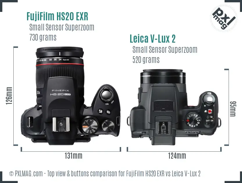 FujiFilm HS20 EXR vs Leica V-Lux 2 top view buttons comparison FujiFilm HS20 EXR vs Leica V-Lux 2 top view buttons comparison