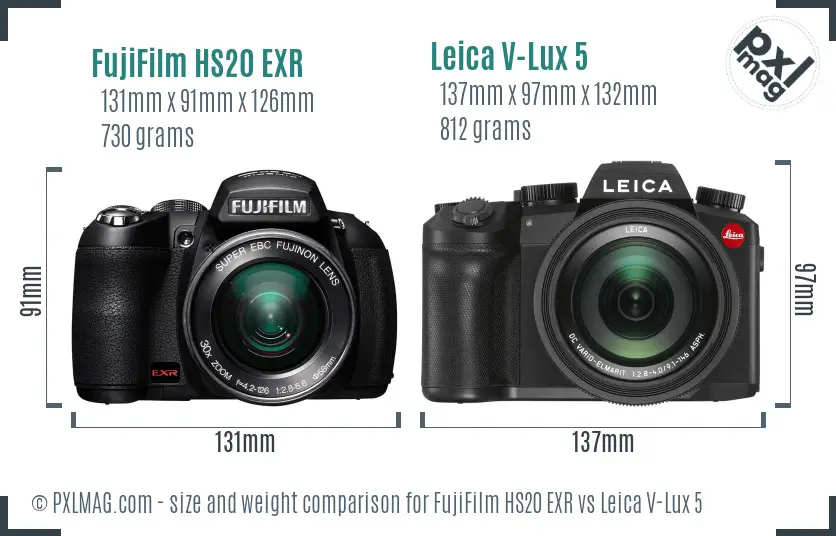 FujiFilm HS20 EXR vs Leica V-Lux 5 size comparison