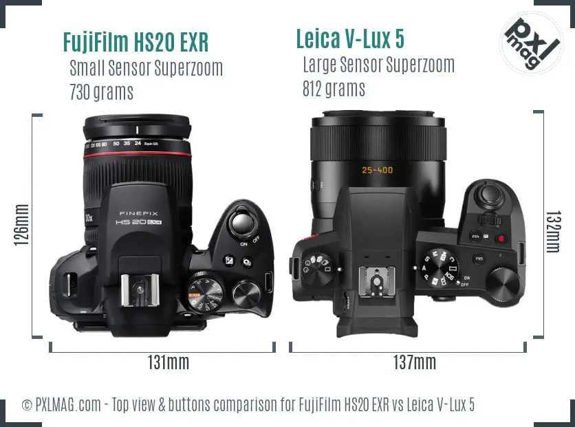 FujiFilm HS20 EXR vs Leica V-Lux 5 top view buttons comparison