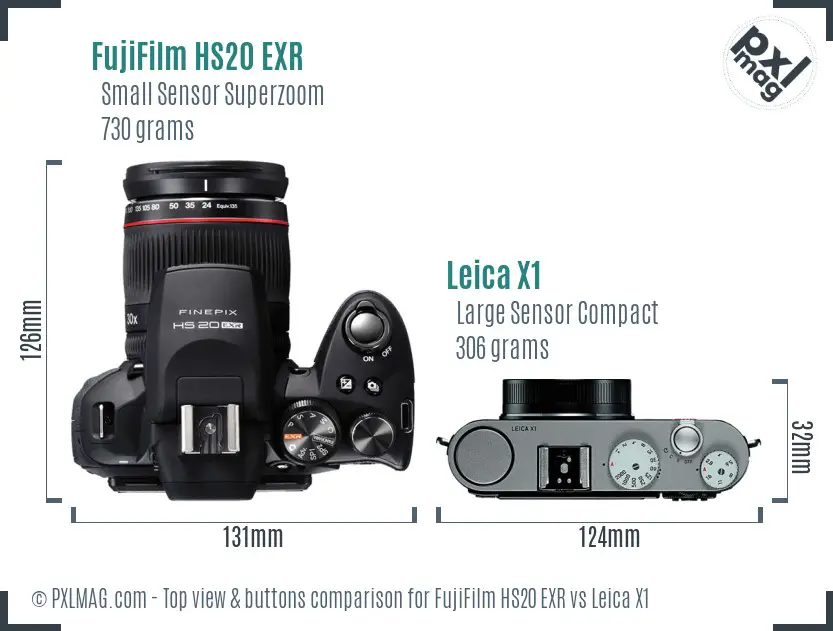 FujiFilm HS20 EXR vs Leica X1 top view buttons comparison