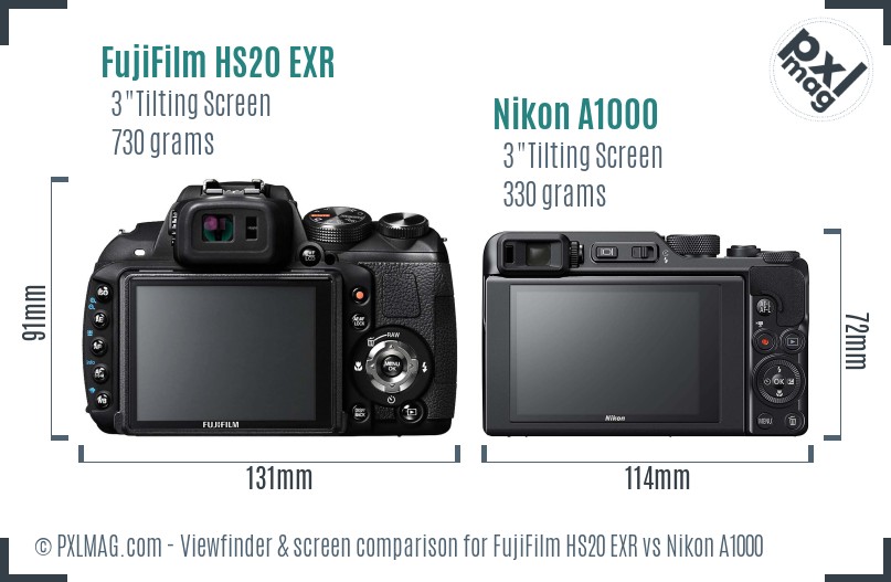 FujiFilm HS20 EXR vs Nikon A1000 Screen and Viewfinder comparison