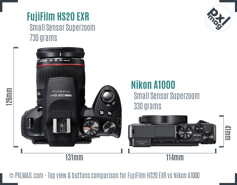 FujiFilm HS20 EXR vs Nikon A1000 top view buttons comparison