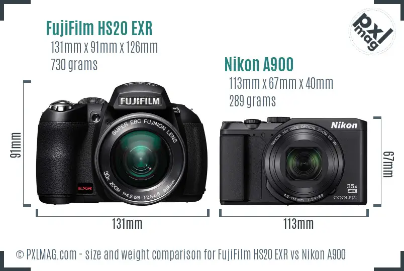 FujiFilm HS20 EXR vs Nikon A900 size comparison