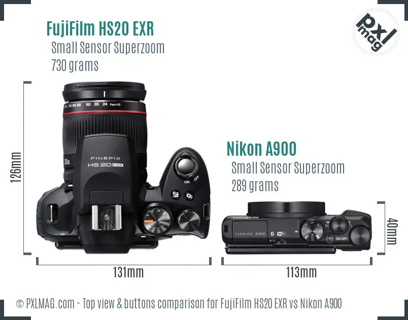 FujiFilm HS20 EXR vs Nikon A900 top view buttons comparison