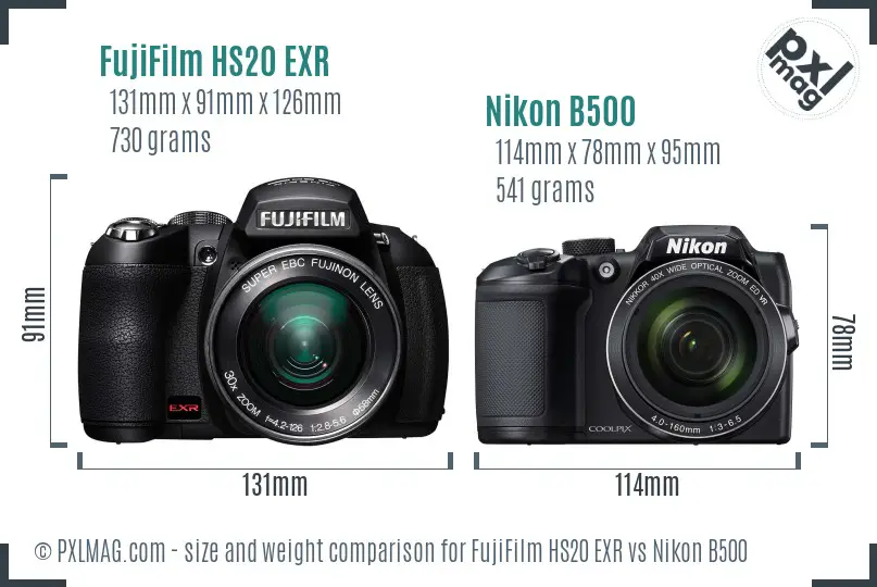 FujiFilm HS20 EXR vs Nikon B500 size comparison