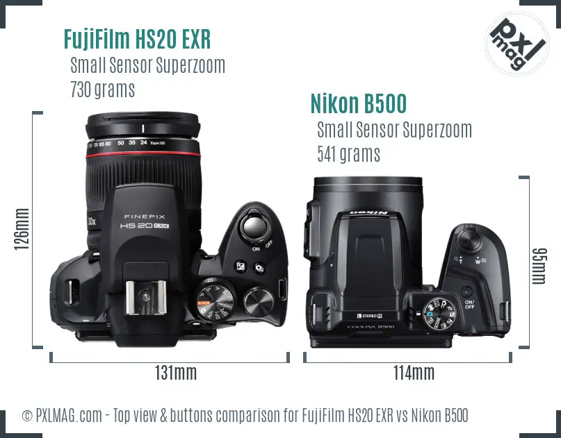 FujiFilm HS20 EXR vs Nikon B500 top view buttons comparison