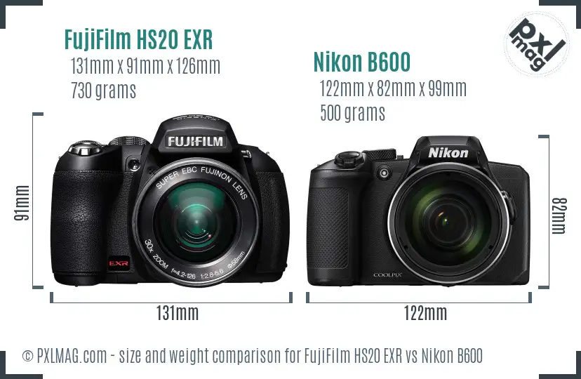 FujiFilm HS20 EXR vs Nikon B600 size comparison