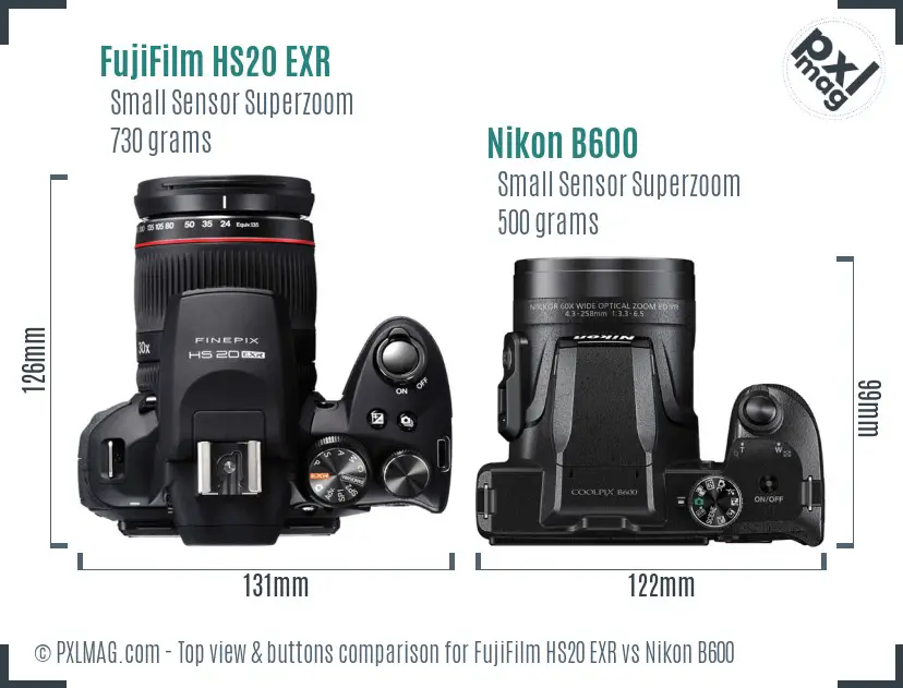 FujiFilm HS20 EXR vs Nikon B600 top view buttons comparison