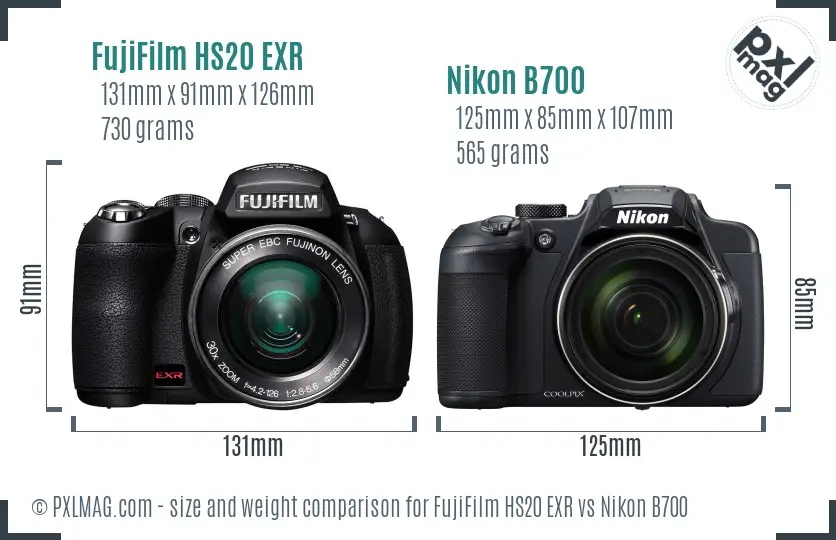 FujiFilm HS20 EXR vs Nikon B700 size comparison