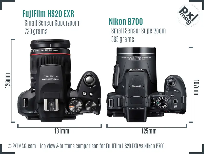 FujiFilm HS20 EXR vs Nikon B700 top view buttons comparison