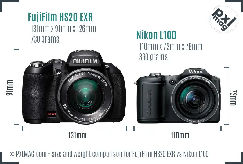 FujiFilm HS20 EXR vs Nikon L100 size comparison