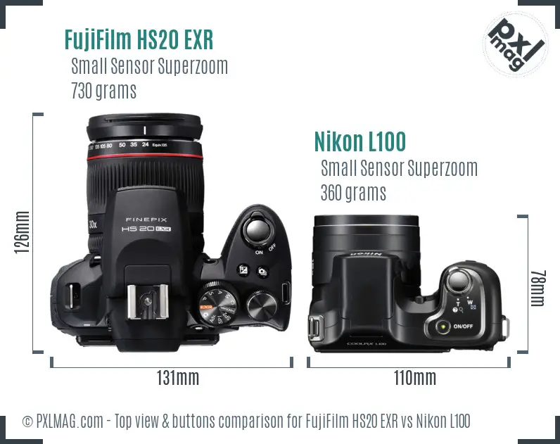 FujiFilm HS20 EXR vs Nikon L100 top view buttons comparison
