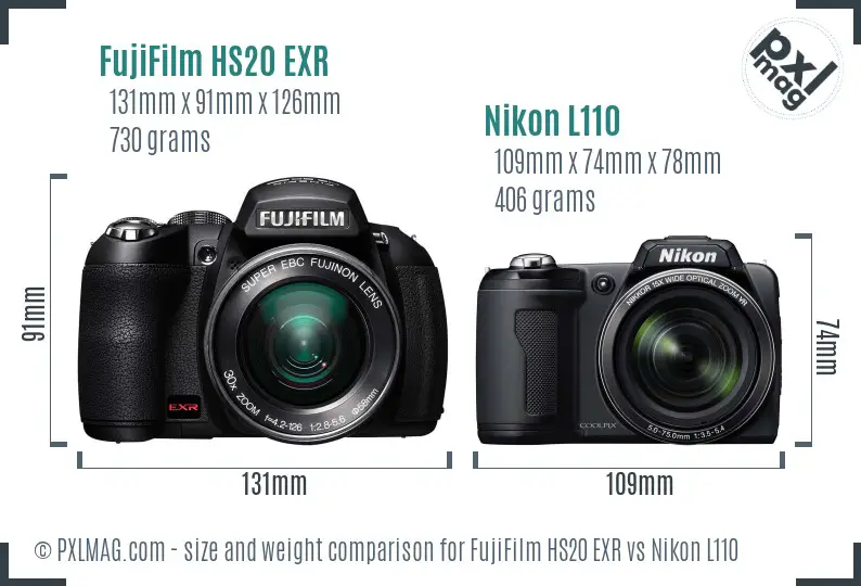 FujiFilm HS20 EXR vs Nikon L110 size comparison