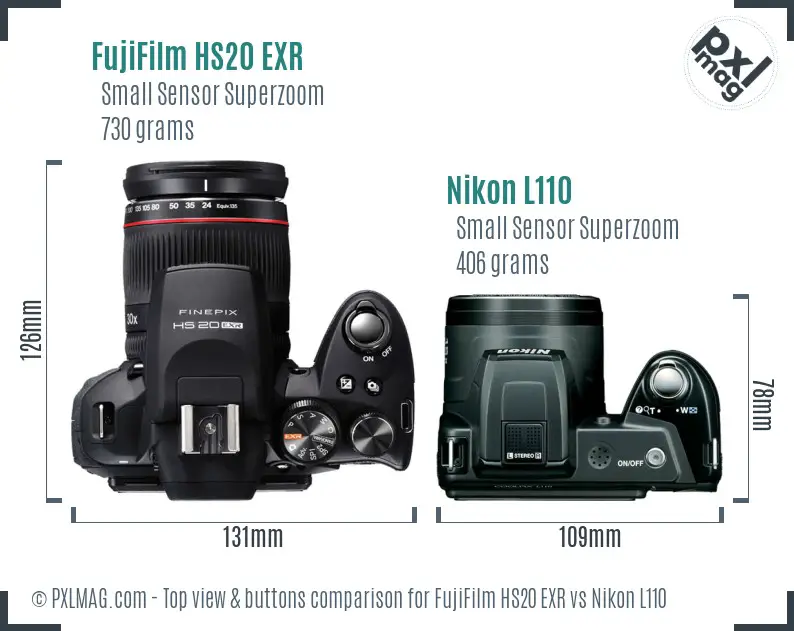 FujiFilm HS20 EXR vs Nikon L110 top view buttons comparison