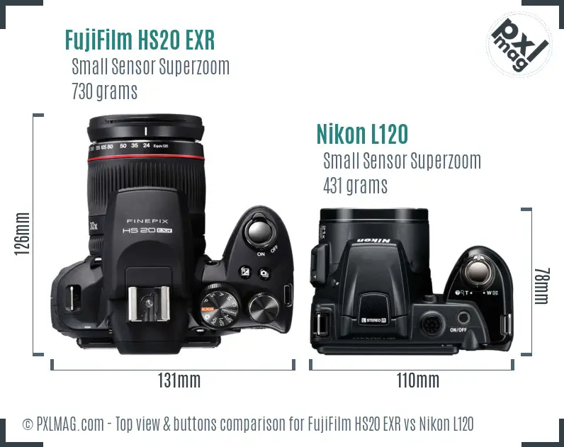 FujiFilm HS20 EXR vs Nikon L120 top view buttons comparison