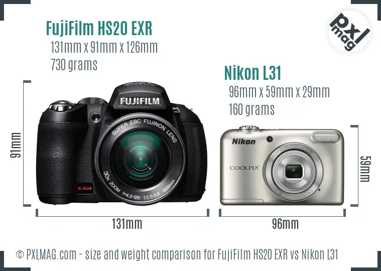 FujiFilm HS20 EXR vs Nikon L31 size comparison