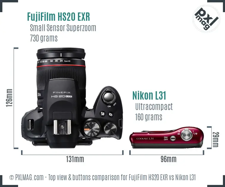 FujiFilm HS20 EXR vs Nikon L31 top view buttons comparison