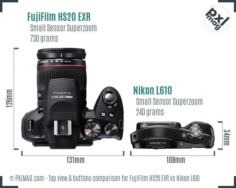 FujiFilm HS20 EXR vs Nikon L610 top view buttons comparison