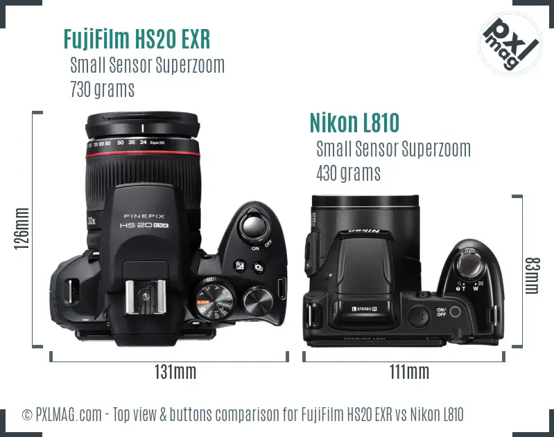 FujiFilm HS20 EXR vs Nikon L810 top view buttons comparison FujiFilm HS20 EXR vs Nikon L810 top view buttons comparison
