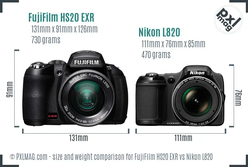 FujiFilm HS20 EXR vs Nikon L820 size comparison
