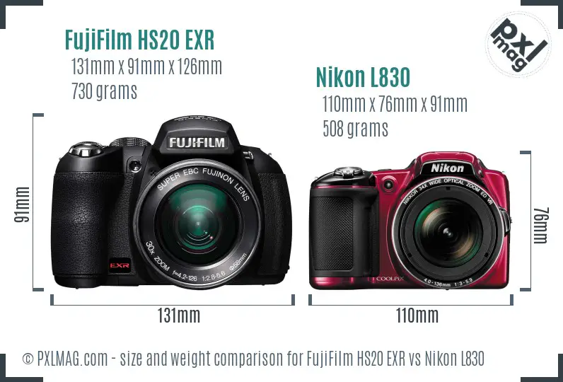 FujiFilm HS20 EXR vs Nikon L830 size comparison